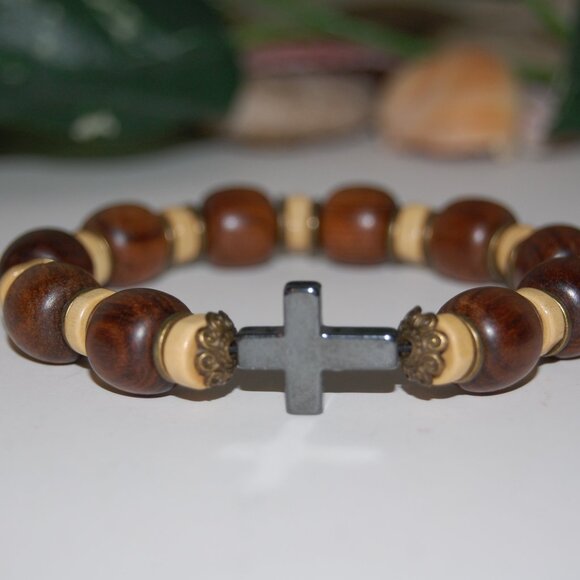 Cross Bracelet,Wood Bracelet,Cross Wood Bracelet,Rosary Bracelet,Wood Rosary Bra - Picture 2 of 2